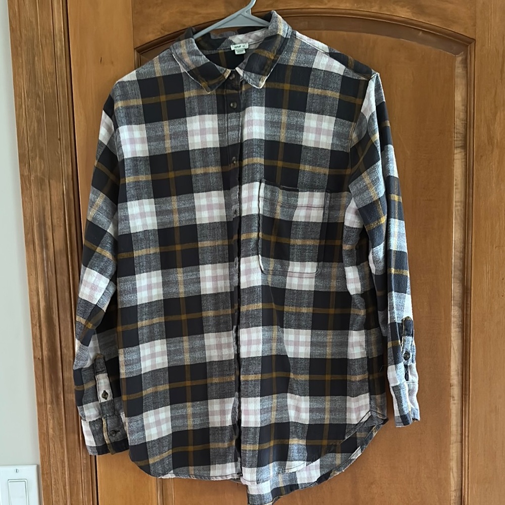 Aerie Pink Gold Gray White Plaid Flannel Button Down Shirt Small